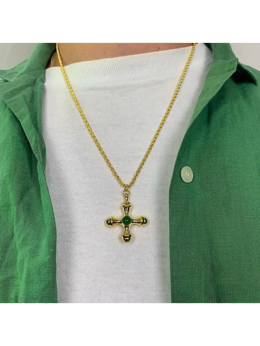 Futuristic Cross Star Green Opal Pendant Gold Rope Chain Necklace. Stainless